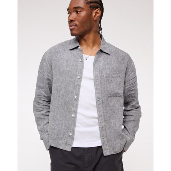 The A & F Linen Collection SZ XL Cropped Linen Button-Up Shirt In Chambray - Picture 1 of 7